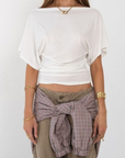 white Draped short sleeve top
Unlined
Length: 24"
Lyocell/Spandex