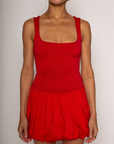 Sleeveless dress. Knit bodice. Woven bubble skirt. Elastic hem. Fully lined. red mini dress. red mini bubble dress. bubble dress. summer dress. night out dress. going out dress. date night dress
