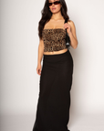 Leopard knit mesh tube top. Wire neckline. Underwire cups. Boning in bodice. Ruched sides. Back hook and eye and zipper closures. Fully lined. cheetah print tube top. going out top.