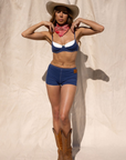 blue Denim bikini shorts
Medium coverage
White stitching
Back leather patch