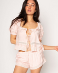 pink Crinkle woven shorts. Elastic waistband. Eyelet trim. Fully lined. valentines day outfit. lounge shorts, lounge set