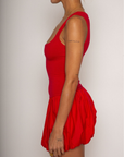 Sleeveless dress. Knit bodice. Woven bubble skirt. Elastic hem. Fully lined. red mini dress. red mini bubble dress. bubble dress. summer dress. night out dress. going out dress. date night dress