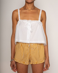 Cropped tank top
Fixed straps
Drawstring neckline
Front button down closures
Crochet trim
White crop top
Coquette tank top
Summer tank top