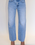 Mid rise bowed straight leg jean
Button and zipper fly
Five pocket construction
No stretch
Light wash with lived in fading around the knees and thighs