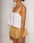 Cropped tank top
Fixed straps
Drawstring neckline
Front button down closures
Crochet trim
White crop top
Coquette tank top
Summer tank top