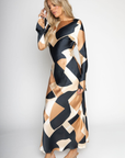 Satin long sleeve maxi dress
Geometric graphic printed
Unlined
fall wedding guest maxi dress