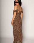 Animal printed chiffon maxi dress. Adjustable straps. Off the shoulder sleeves. Back tie closure. Fully lined. leopard print maxi dress. fall dress. sporing dress. summer dress