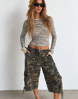 Camo printed long sleeve shirt
yellow Striped neckline and arm hem
Crew neckline
Unlined
thumb holes