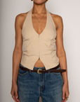 Woven vest halter top with button closure
Front eye hook closures
V cut detailing
Lined
going out top
summer top
spring top