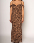 Animal printed chiffon maxi dress. Adjustable straps. Off the shoulder sleeves. Back tie closure. Fully lined. leopard print maxi dress. fall dress. sporing dress. summer dress