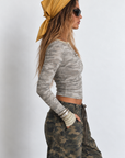 Camo printed long sleeve shirt
yellow Striped neckline and arm hem
Crew neckline
Unlined
thumb holes