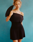Stretchy knit midsection
Contrasted by lightweight chiffon through the neckline, bodice, and skirt
Wide neckline
Sits naturally as a boat neck and can be styled on or off the shoulders
Double layer skirt
Polyester
black mini dress