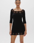 Knit crochet mini dress
Designed in Cloud Knit fabric
Drop waist dress
Soft crochet fabric on the neckline and skirt
Tie detail on the skirt
Crochet design on neckline and skirt
FRANKIES BLACK KNIT CROCHET MINI DRESS
3/4 SLEEVE