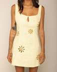 Linen mini dress
Floral cut outs
Front key hole opening
Back zipper closure
Unlined