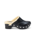 Black leather clog mule with fur lining and silver studs