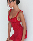 red Polka dot mini dress
Ruffle trim
Semi-sheer coverage
Double lining in the bust
Made from Italian mesh soul eco