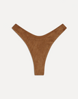 tan brown Suede micro bikini bottom
Front dip
Slimming high leg cut
Special saddle stitch detailing