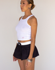 black Flare micro shorts
Adjustable waist tie
Color block waist band
Faux button down
Unlined
summer shorts
cute lounge shorts