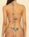 Camo printed triangle top
Adjustable neck and back ties
Removable Bow In Center Front