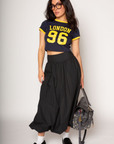 Graphic printed knit crop ringer tee. Crewneck. Short sleeves. Unlined. london graphic tee. baby crop tee