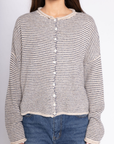 Pin striped knit cardigan
Long sleeve
Rolled collar
Button down closure
Unlined
beige striped cardigan
spring cardigan