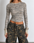 Camo printed long sleeve shirt
yellow Striped neckline and arm hem
Crew neckline
Unlined
thumb holes