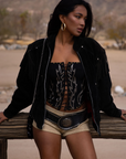 black Embroidered knit corset
Adjustable halter tie neck
Front lace up closure
Back hook and eye and zipper closures
Fully lined
Studded details
coachella top outfit
stagecoach top outfit
festival top outfit