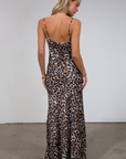 Animal printed chiffon maxi dress. Adjustable straps. Side hook and eye and zipper closures. Back tie and button closures. Fully lined. leopard maxi dress. fall maxi dress
