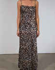 Animal printed chiffon maxi dress. Adjustable straps. Side hook and eye and zipper closures. Back tie and button closures. Fully lined. leopard maxi dress. fall maxi dress