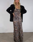 Animal printed chiffon maxi dress. Adjustable straps. Side hook and eye and zipper closures. Back tie and button closures. Fully lined. leopard maxi dress. fall maxi dress