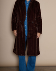 Faux fur longline coat. Collar neckline. Front button closures. Front pockets. Back slit. Fully lined. brown long fur coat. fall coat. winter coat. layering piece.