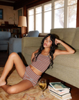TOP
Striped tank top
Cropped
Adjustable straps
Unlined
Cotton/Spandex
BOTTOM
Striped mini shorts
Fold over waist
Unlined
brown white striped lounge short and tank top set