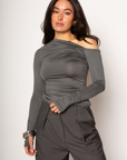 Grey knit top. Asymmetric neckline. Long sleeves. Ruched side. Unlined. going out top. grey going out top. nice dinner top.