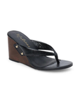 Black leather wooden wedge sandal