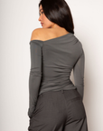 Grey knit top. Asymmetric neckline. Long sleeves. Ruched side. Unlined. going out top. grey going out top. nice dinner top.