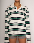 Striped knit top. Collar neckline. Front button closures. Long sleeves. Unlined. striped polo long sleeve. fall top. fall outfit