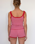 red and white Striped knit mini shorts
Has stretch
Unlined