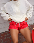 red Track shorts
Elastic adjustable drawstring
Contrast trim
Unlined
4th of july outfit