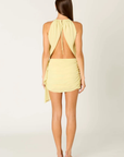 yellow Cross halter chiffon mini dress
Subtle front keyhole detail
Softly draped bodice
Gathered mini skirt
Side sash accent
Asymmetric wrap hem
Self-tie neckline
Zipper closure
Lined
wedding guest dress