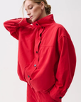 red Funnel neck jacket
Front button down closure
Draped fit
Length: 27"
Cotton