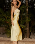 yellow Satin maxi dress
Elastic stretch spaghetti straps
Lace applique detail around neckline and back
Size invisible zipper closure
wedding guest dress
spring summer wedding guest dress