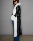 Faux leather longline coat. Faux fur trim. Collar neckline. Long sleeves. Open front. Tie waist. Fully lined. black leather coat. fur coat. coat for winter. cute leather coat. fashionable leather coat