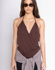 brown Halter V neck top
Adjustable neck strap
V neck cross over front
Lined
brown going out top
summer top