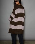 Striped open knit crochet longline cardigan. Long sleeves. Open front. Unlined. striped long knit cardigan. fall outfit. winter outfit. fall cardigan. winter cardigan. layering piece