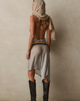 silver Metallic halter top
Cowl neckline
Adjustable neck and back tie
Unlined/Sheer