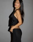 black Satin crop tank. Lace trim. Halter tie neckline. Side hook and eye and zipper closures. Elastic back. Fully lined. black halter crop tank. going out top. holiday look. holiday outfit