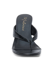 Black leather wooden wedge sandal
