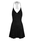 black Bohemian halter neck mini dress
bodice sheer embroidery
Adjustable neck tie
Bamboo jersey
Kerawang embroidery bodice
