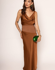 brown Satin maxi dress
Cowl neckline
Mesh waist detail
Low back cowl
Adjustable back tie
Side zipper closure
Partially lined
brown wedding guest dress
fall wedding guest dress
western wear wedding guest dress