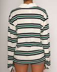 Striped knit top. Collar neckline. Front button closures. Long sleeves. Unlined. striped polo long sleeve. fall top. fall outfit